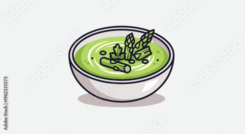 Bowl of creamy green soup with asparagus and parsley garnish