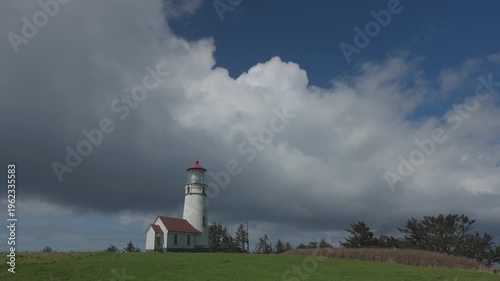 Time lapse shot of Cape Blanco Lighthouse on the Oregon coast with beautiful clouds moving by