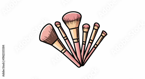 Collection of five pink makeup brushes fanned out against white