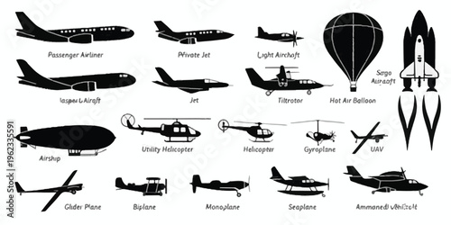Silhouette collection of various aircraft types airplane