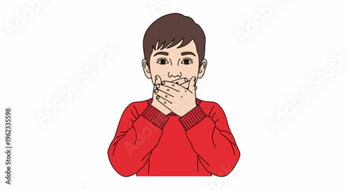 Boy covers mouth with hands, looking at viewer in red sweater