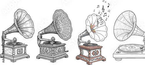 Vintage Gramophone and Turntable Set with Retro Music Player Phonograph Devices Hand Drawn Audio Equipment Collection Isolated on White Background