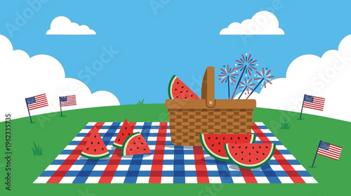 Festive Summer Picnic Illustration with Watermelon, Basket, and Patriotic Accents on a Sunny Day