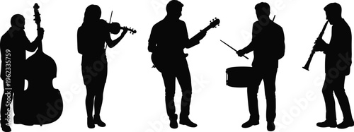 Black silhouette set of diverse musicians playing various instruments including double bass violin guitar drums and clarinet for musical performance.