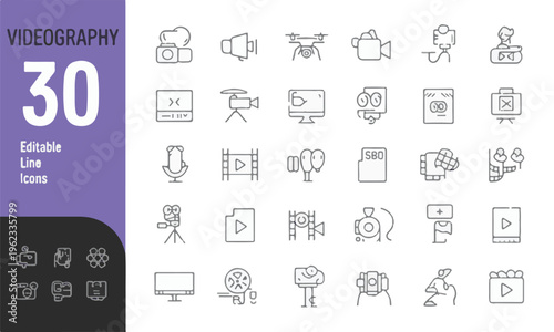 Videography and filmmaking equipment line icons camera