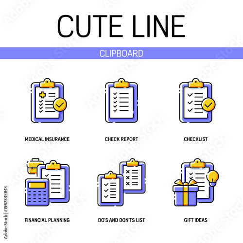 Icons set of clipboard with checkmarks for health insurance claim form, for do's and don'ts list, financial planning and more. Flat filled outline style. Pixel perfect. Editable stroke