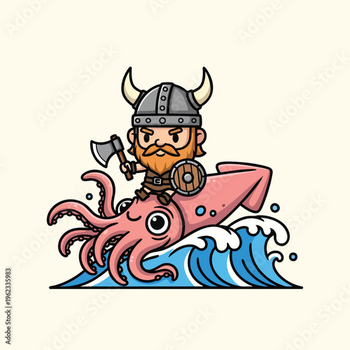 A cartoon viking with an axe and shield rides a giant squid, traversing over ocean waves. The art style is cute and colorful