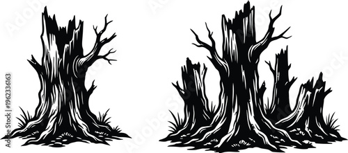Dead tree stumps silhouette spooky forest horror nature vector illustration