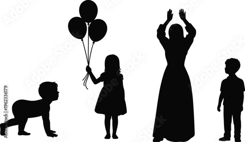 Black silhouette set of family members including crawling baby girl with balloons mother clapping and boy for childhood celebration vector.