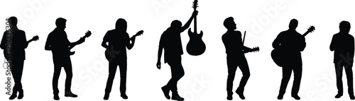 Black silhouette set of male guitarists performing with electric and acoustic guitars in various rock and roll music stage poses.