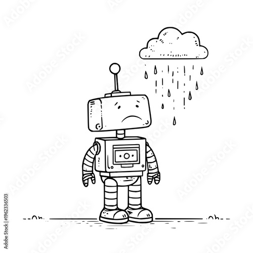 Sad robot character standing under a rain cloud hand drawn illustration featuring a melancholy machine feeling depressed and gloomy in a whimsical black and white sketch