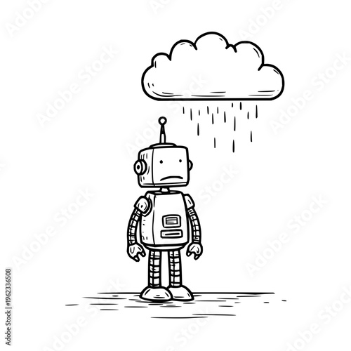 Sad robot standing under a rain cloud hand drawn illustration featuring a melancholic mechanical character experiencing gloomy weather in a simple black and white line art
