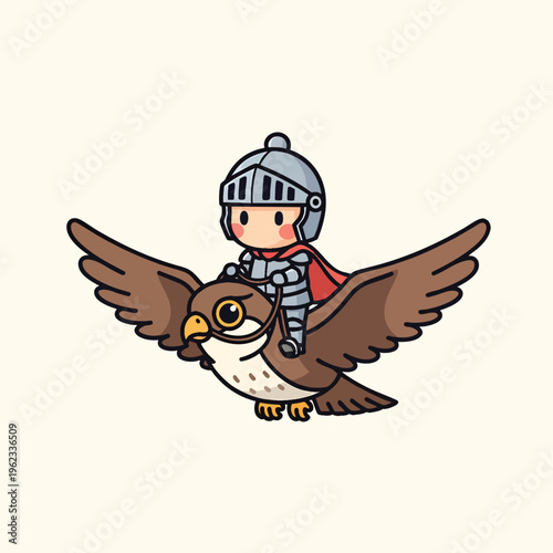 A cartoon knight with a red cape rides on a brown bird through the air against a neutral background