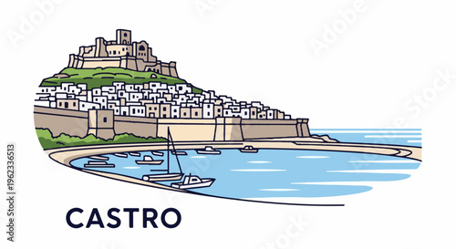 Coastal town with historic fortress overlooking a harbor with boats