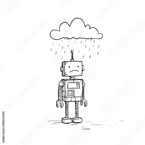 Sad robot standing under a rain cloud hand drawn sketch illustration featuring a melancholic mechanical character experiencing emotional distress in a simple minimalist style