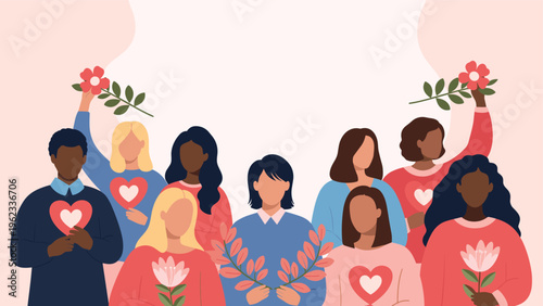 Diverse group of smiling women proudly holds flowers and hearts, symbolizing International Women's Day, female empowerment, and global unity.