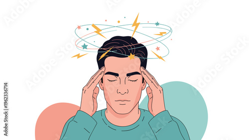 Man intensely holds his temples, experiencing a severe headache or migraine, depicted with swirling stars and lightning above his head.