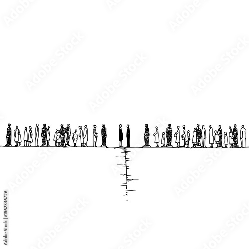 Conceptual illustration of two groups of people standing apart on a line with a central gap creating a social divide and isolation metaphor in a minimalist black white style