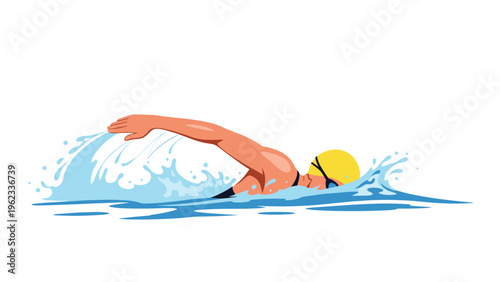 Dynamic swimmer in a yellow cap and goggles performs a powerful freestyle stroke, generating energetic water splashes.
