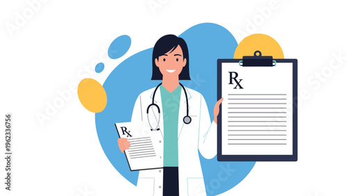 Professional female doctor in a white coat confidently holds up a clipboard with a clear prescription, symbolizing medical consultation and healthcare.