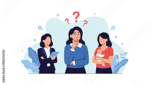 Confused woman with a question mark above her head ponders life choices, standing between a businesswoman and a mother holding a baby.