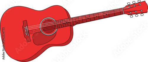 Vibrant red acoustic guitar vector illustration with detailed strings and black outlines isolated on a white background.