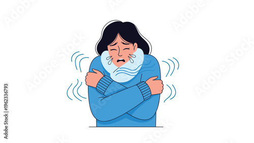 Woman intensely shivers and hugs herself, surrounded by visible cold air waves, indicating she is feeling extremely cold or experiencing a fever.