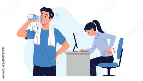 Man sweats while drinking water after exercising, contrasting with a woman at her desk experiencing severe lower back pain.