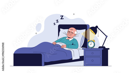 Elderly man sits sadly in bed, staring blankly and unable to sleep, with Zzz symbols above him, indicating severe insomnia or sleep problems.