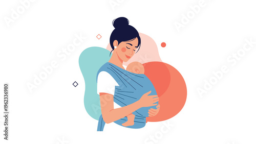 Loving woman gently holds her baby in a soft baby carrier, beautifully depicting motherhood, attachment parenting, and close bonding.