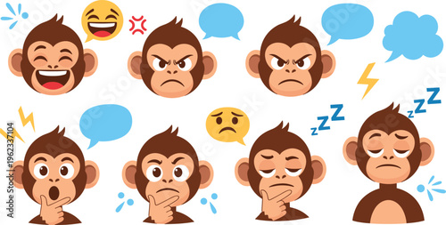 Cute cartoon monkey vector illustration set with multiple facial expressions and emotions, including happy, angry, thoughtful, sleepy, and surprised, perfect for stickers and apps