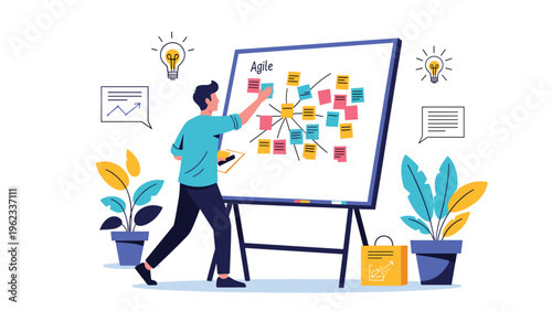 Man actively places colorful sticky notes on a whiteboard labeled "Agile," demonstrating agile methodology, project management, and collaborative brainstorming.