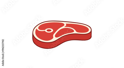 A stylized illustration features a thick, red steak with internal marbling and a light-colored outline, positioned on a white backdrop