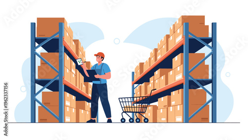 Diligent warehouse worker with a clipboard and shopping cart meticulously checks inventory on tall shelves filled with numerous boxes.