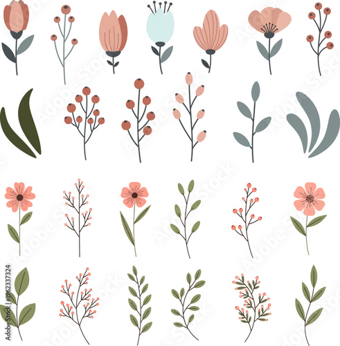 Set of minimalist cute pastel flowers, berries, and leaves botanical collection Simple vector botanical elements, nature illustration set