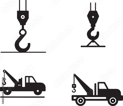 Tow truck, crane hook, lifting equipment, industrial icons, vector graphics