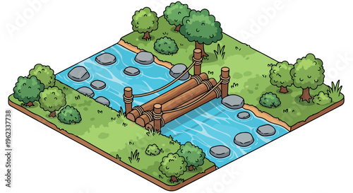 Isometric Wooden Log Bridge Over River Landscape Illustration