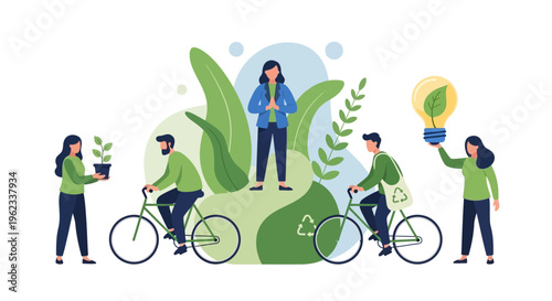 Sustainable Living & Environmental Protection: People Engaged in Eco-Friendly Activities like Cycling, Planting, and Green Energy Innovation