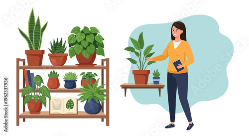 Happy Woman Tending to Indoor Houseplants on a Shelf and Table, Home Garden Care & Green Living Illustration