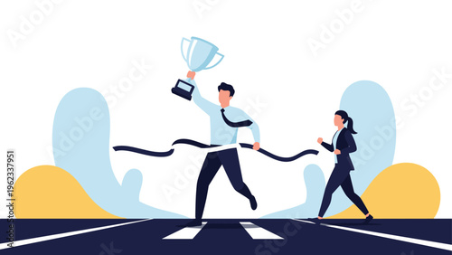 Businessman jubilantly crosses the finish line, breaks the tape, and raises a trophy, symbolizing triumph, with a woman running close behind.