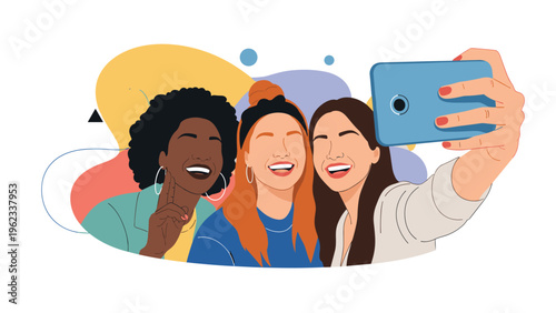 Diverse group of joyful women happily taking a selfie together, symbolizing strong friendship, vibrant diversity, and social media connection.