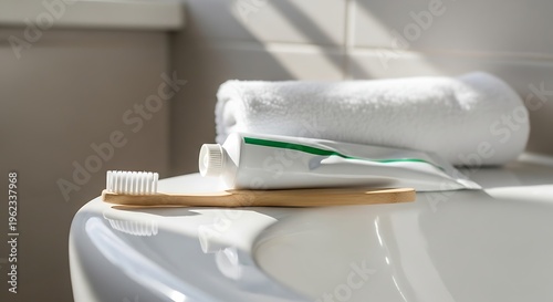 A bamboo toothbrush and toothpaste on a bathroom sink with a white towel in the background