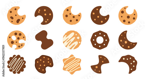 A collection of stylized, whimsical, and simple illustrations of various cookies in a flat design style, each with unique shapes and details