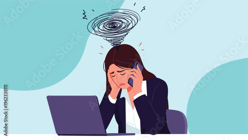 Woman works on her laptop while talking on the phone, a swirling vortex of messy thoughts above her head, symbolizing extreme stress and overwhelm.