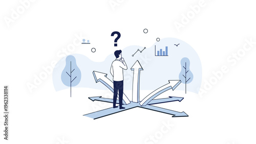 Man stands thoughtfully at a crossroads with multiple arrows pointing in diverse directions, a question mark above his head, symbolizing crucial life choices.