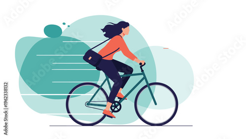 Energetic woman swiftly rides a bicycle, depicted with dynamic speed lines, symbolizing an active lifestyle and eco-friendly urban commuting.