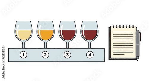 Four glasses of wine tasting with notebook.