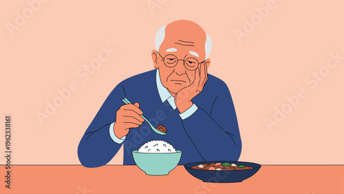 Elderly man appears sad and disinterested in his meal, holding a spoon with only a small amount of food, symbolizing loss of appetite or depression.
