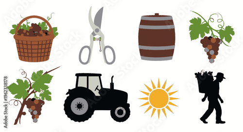 Grape Harvest Elements Collection - Basket, Tools, Barrel, Tractor, Sun, Worker.