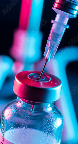 Close-up of medical syringe injecting liquid into vial with vibrant neon lighting, healthcare concept